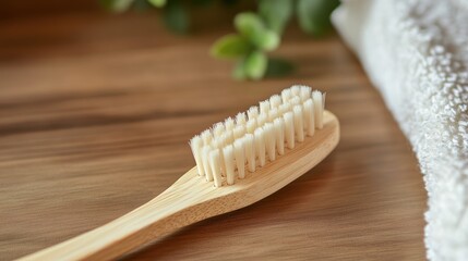 Bamboo toothbrush made from natural materials on a wooden surface with greenery and a towel in the background