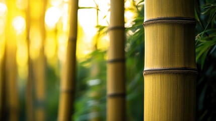 Bamboo stalks creating a serene natural background with soft sunlight illuminating greenery for design and creativity concepts