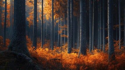 Obraz premium Vibrant autumn forest showcasing stunning fall foliage and serene atmosphere in peaceful woodland setting