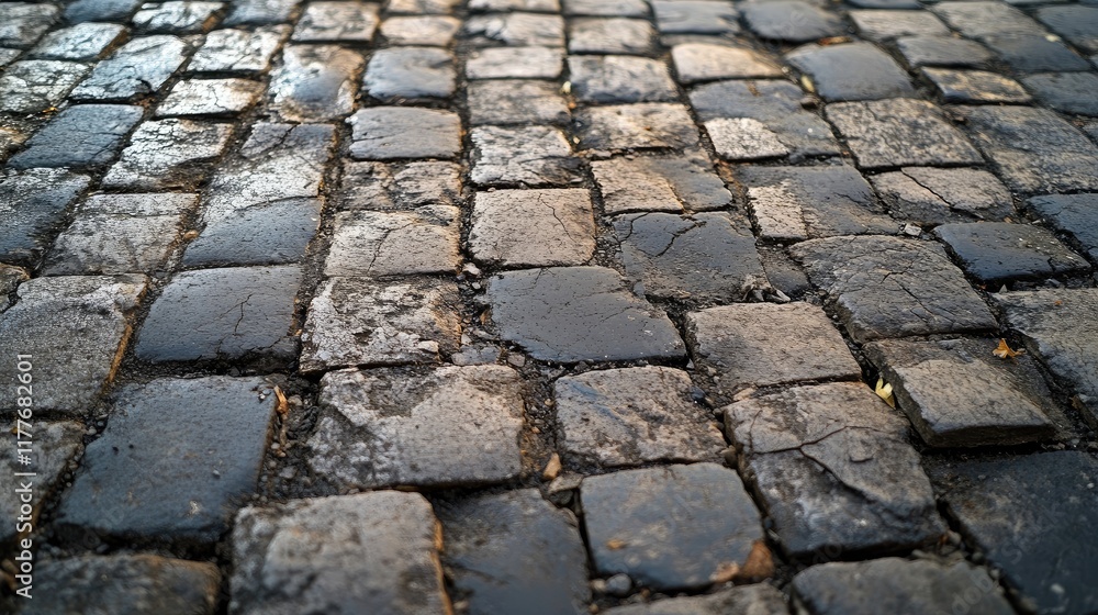 Poster pavement texture of weathered cobblestones on road surface with water reflection and cracks in an ur