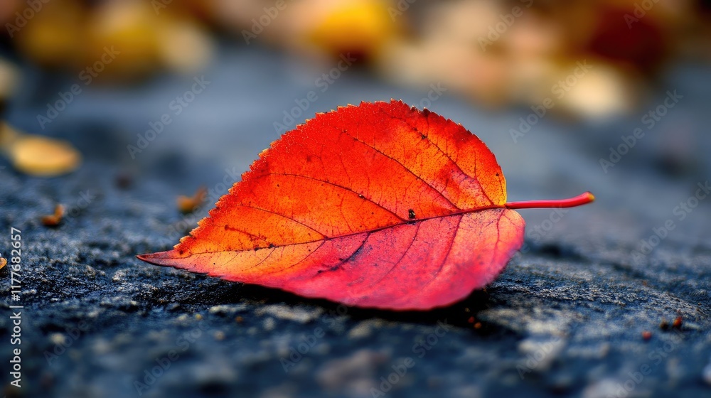 Poster vibrant red leaf on textured surface with bokeh effect creating a dreamy autumn atmosphere in nature