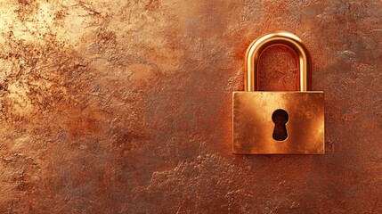 Fototapeta premium A golden antique padlock placed on a textured copper background, warm and luxurious.
