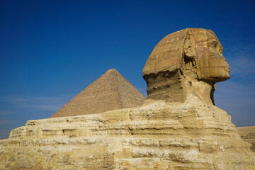 Ancient Egyptian Masterpieces the Great Sphinx and the great Pyramid of Khufu in Giza Cairo Egypt