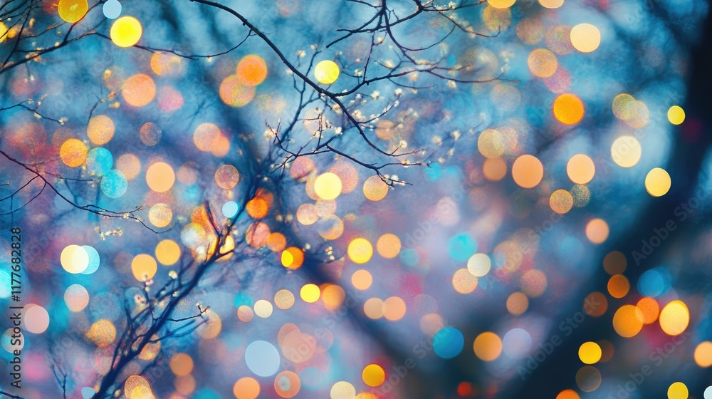 Poster colorful bokeh lights through tree branches creating a dreamy and enchanting atmospheric background 