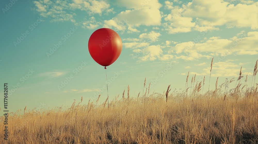 Poster red balloon floating in a vast field under a blue sky with fluffy clouds creating a serene and peace