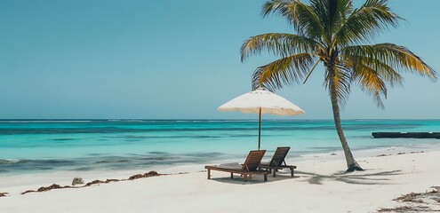 Beach scene with two wooden sun loungers under an umbrella, surrounded by palm trees, summer background