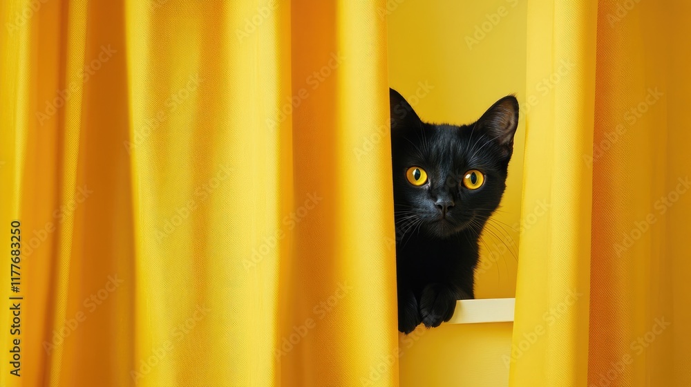 Poster black cat peeking through yellow curtains on windowsill with ample copyspace for messages or text in