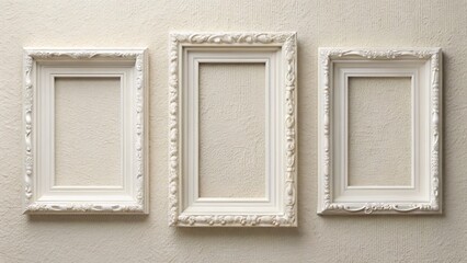 Set of 3 empty white retro photo frames on light wall background. Mock-up template advertisement concept
