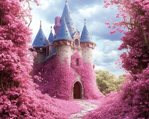 Fototapeta premium Enchanted castle surrounded by vibrant pink flowers in springtime