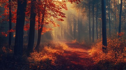Autumn Forest Pathway with Vibrant Fall Foliage and Soft Morning Light