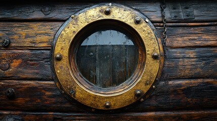 Antique porthole on weathered wooden ship's hull.