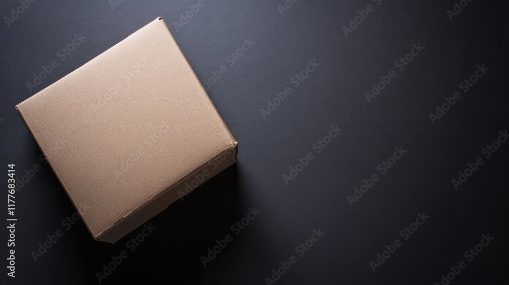 Poster minimalistic black cardboard box on a dark surface featuring a blank space for personalized text or 