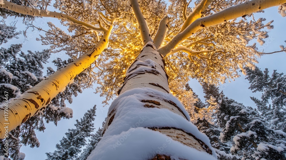 Poster aspen tree trunk in winter captured from below with snow and soft light filtering through branches
