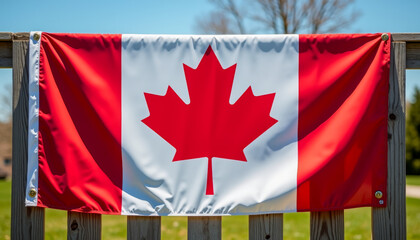 Canadian flag waving against blue sky and green grass