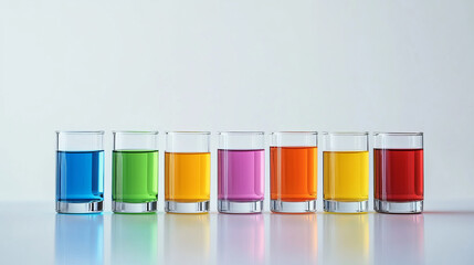 Laboratory glassware with liquids of different colors with reflections on table - With clipping path