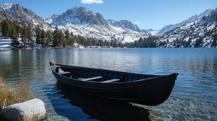 Obraz premium Serene black boat on a tranquil lake surrounded by majestic snow capped mountains under a clear blue sky