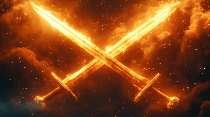 Obraz premium Inner Conflict: A Dramatic Representation of Perpetual Battle Between Two Glowing Swords, Symbolizing the Duality of Human Emotion