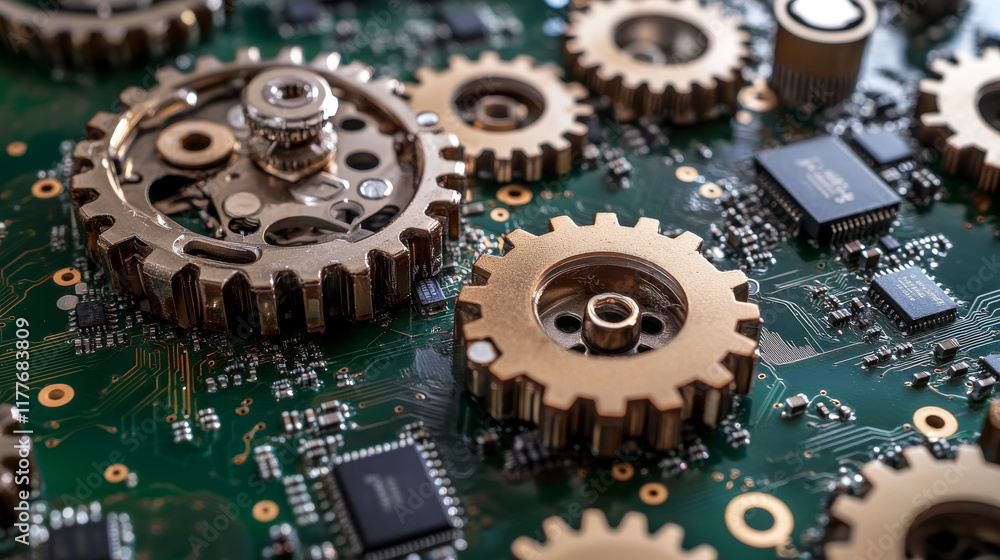Poster circuit board in the form of gears. microchip gears background. high-tech vector illustration of a g
