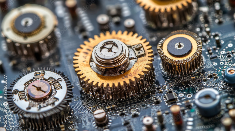 Poster circuit board in the form of gears. microchip gears background. high-tech vector illustration of a g