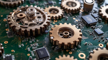 Fototapeta premium Circuit Board in the form of gears. Microchip gears background. High-tech vector illustration of a gear made of chips. Electronic board.