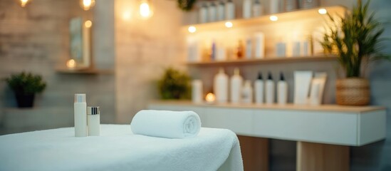 Beautician studio interior with a towel and skincare products on display ideal for promotional banners and advertising copy space.