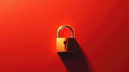 A gold padlock on a vibrant red background, centered with shadows for depth, minimalist composition.