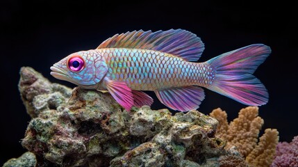 Fototapeta premium Bryaninops natans with pink eyes perched on coral exemplifying the beauty of vibrant marine ecosystems and colorful underwater life