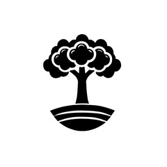 Simple Tree Icon:  A minimalist black and white illustration of a tree planted in the ground. Perfect for eco-friendly projects, nature-themed designs, and more. 