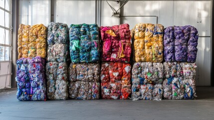 Fototapeta premium Recycled plastic bales stacked in a warehouse showcasing sustainable waste management practices and colorful packaging materials.