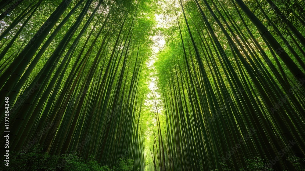 Poster bamboo forest canopy with sunlight filtering through tall green stalks creating a serene and tranqui