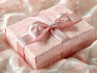 A pastel pink gift box with satin ribbon on soft fabric background