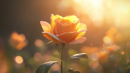 Fototapeta premium Vibrant yellow orange rose in soft sunlight with a dreamy bokeh background showcasing floral beauty and nature's elegance