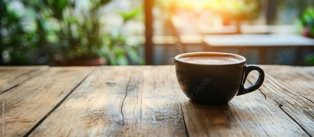 Aufkleber black coffee cup resting on rustic wooden table in cafe with natural light and empty space for text 