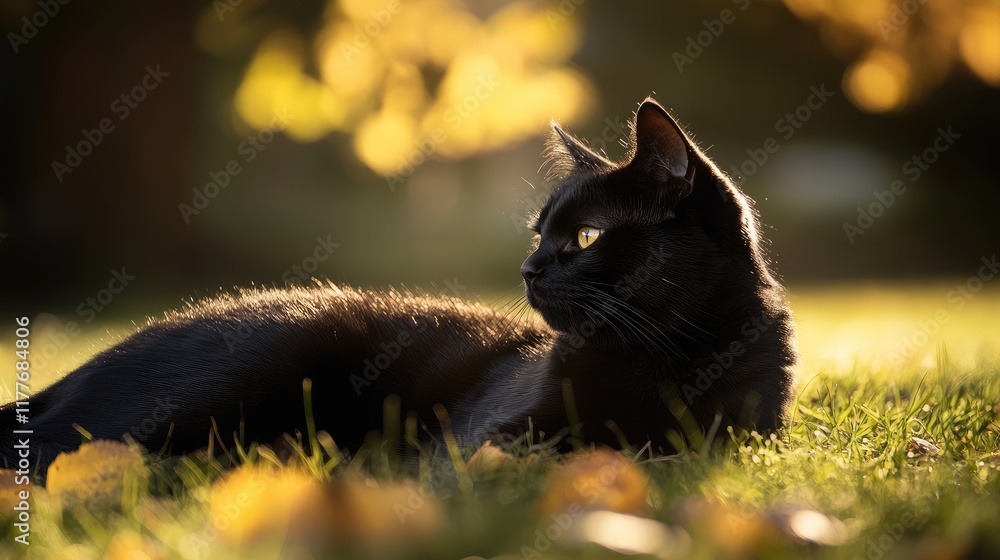 Poster Black cat lounging in sunlit grass surrounded by autumn leaves with soft bokeh background ideal for text placement and design projects