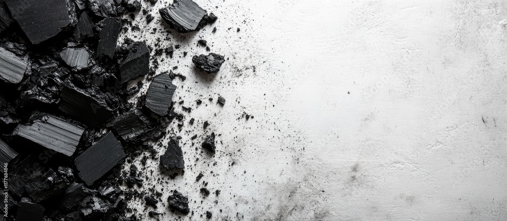 Aufkleber black charcoal pieces on white surface with scattered fragments and empty copyspace for text for adv