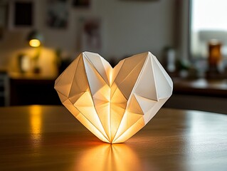 A beautiful heart shaped lamp made of white paper, casting warm glow