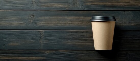 Black coffee in disposable cup on dark wooden table with ample copyspace for text and branding opportunities in minimalistic setting