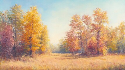 Autumnal Landscape Painting: Golden Trees and Sunlit Meadow