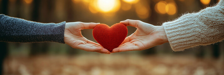 A heart made of yarn held by two caring hands in warmth.