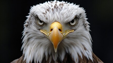 Fototapeta premium Majestic Bald Eagle portrait showcasing piercing gaze and feather details against a neutral background in a wildlife setting.