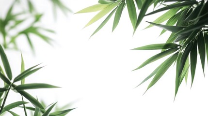 Bamboo leaves elegantly framed against a white background creating a serene and natural atmosphere for design and decor use.