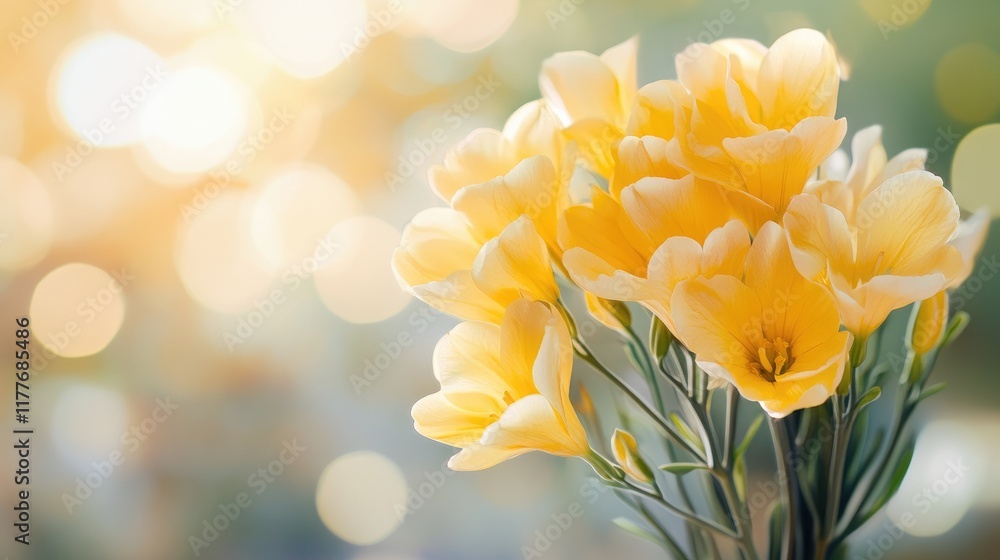 Poster vibrant yellow freesia bouquet with soft bokeh background creating a fresh and cheerful atmosphere f
