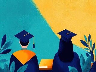 A colorful illustration of two graduates in caps and gowns, seated together, symbolizing achievement and celebration in education.