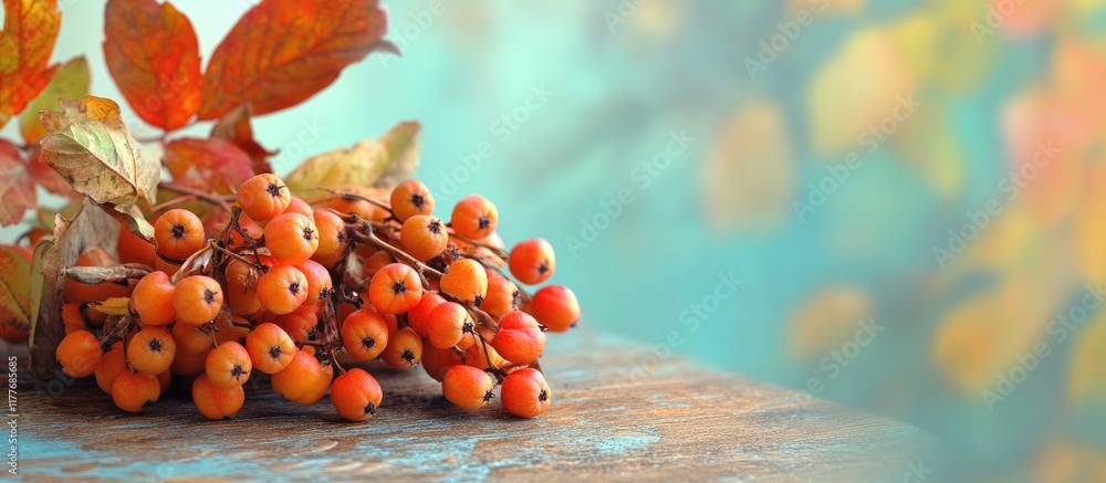 Aufkleber autumn still life composition with vibrant rowan berries and colorful leaves creating a serene backd