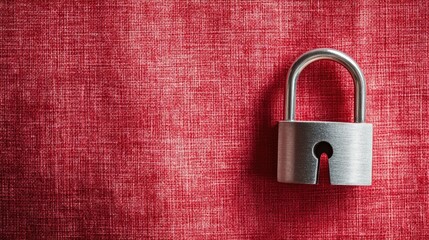 Fototapeta premium A modern steel padlock placed on a bold crimson red background, sharp and eye-catching.