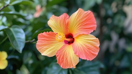 Fototapeta premium Vibrant tropical hibiscus flower showcasing a blend of yellow, red, and pink hues blooming in a lush green backyard setting