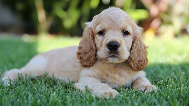 Golden cocker spaniel puppy relaxing on grass in a garden setting with a calm expression and soft fur showcasing its playful nature.
