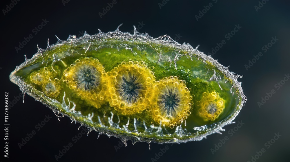 Poster intricate structure of a vibrant green algae cell showcasing unique microorganisms and cellular comp