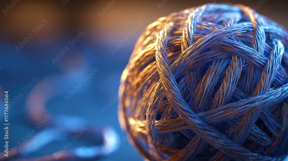 Poster close-up of a beautifully textured ball of blue threads with soft lighting creating an artistic and 