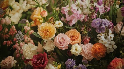 Vibrant and Colorful Floral Arrangement Showcasing a Variety of Beautifully Blooming Flowers in Soft Natural Light